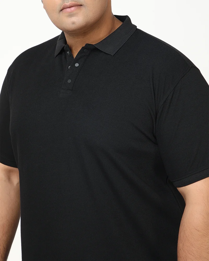 bewakoof Men's Jet Black Textured Plus Size Polo T-shirt